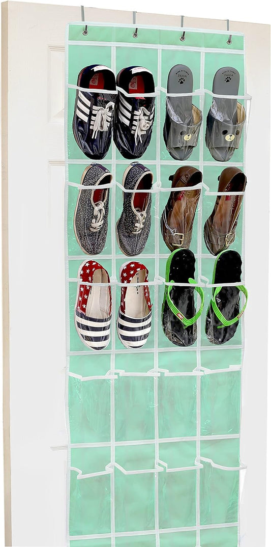 24 Pockets - Crystal Clear over the Door Hanging Shoe Organizer, Turquoise (64'' X 19'')